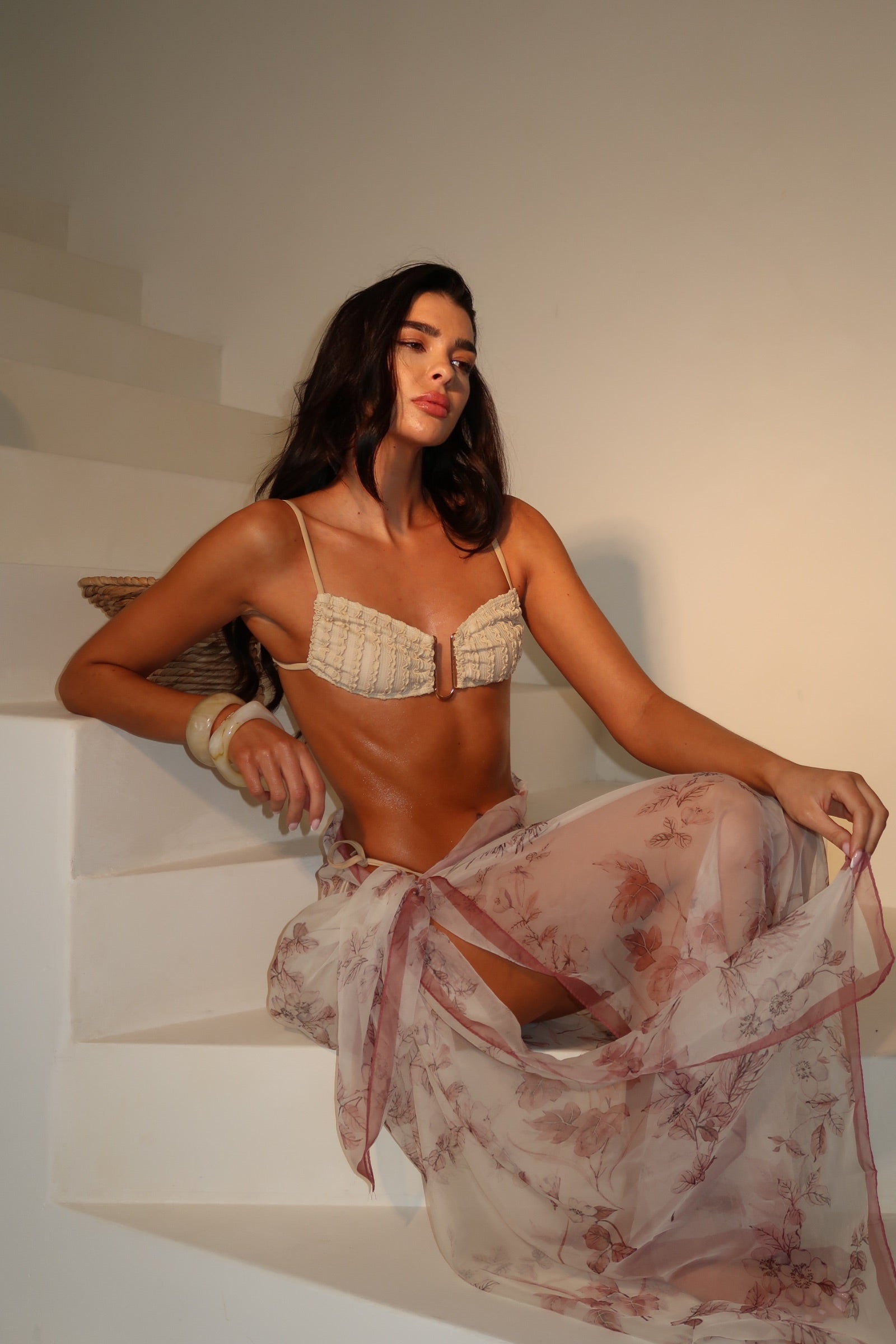 White & Pink Leaf Patterned Printed Chiffon Beach Scarf