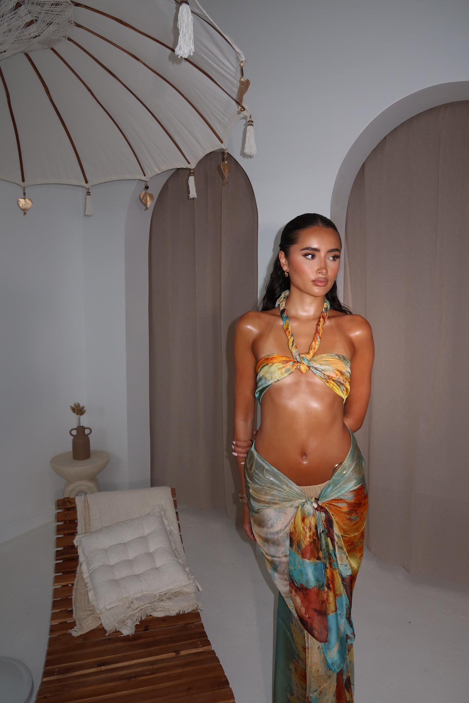 Turquoise & Orange Patterned Printed Chiffon Beach Scarf