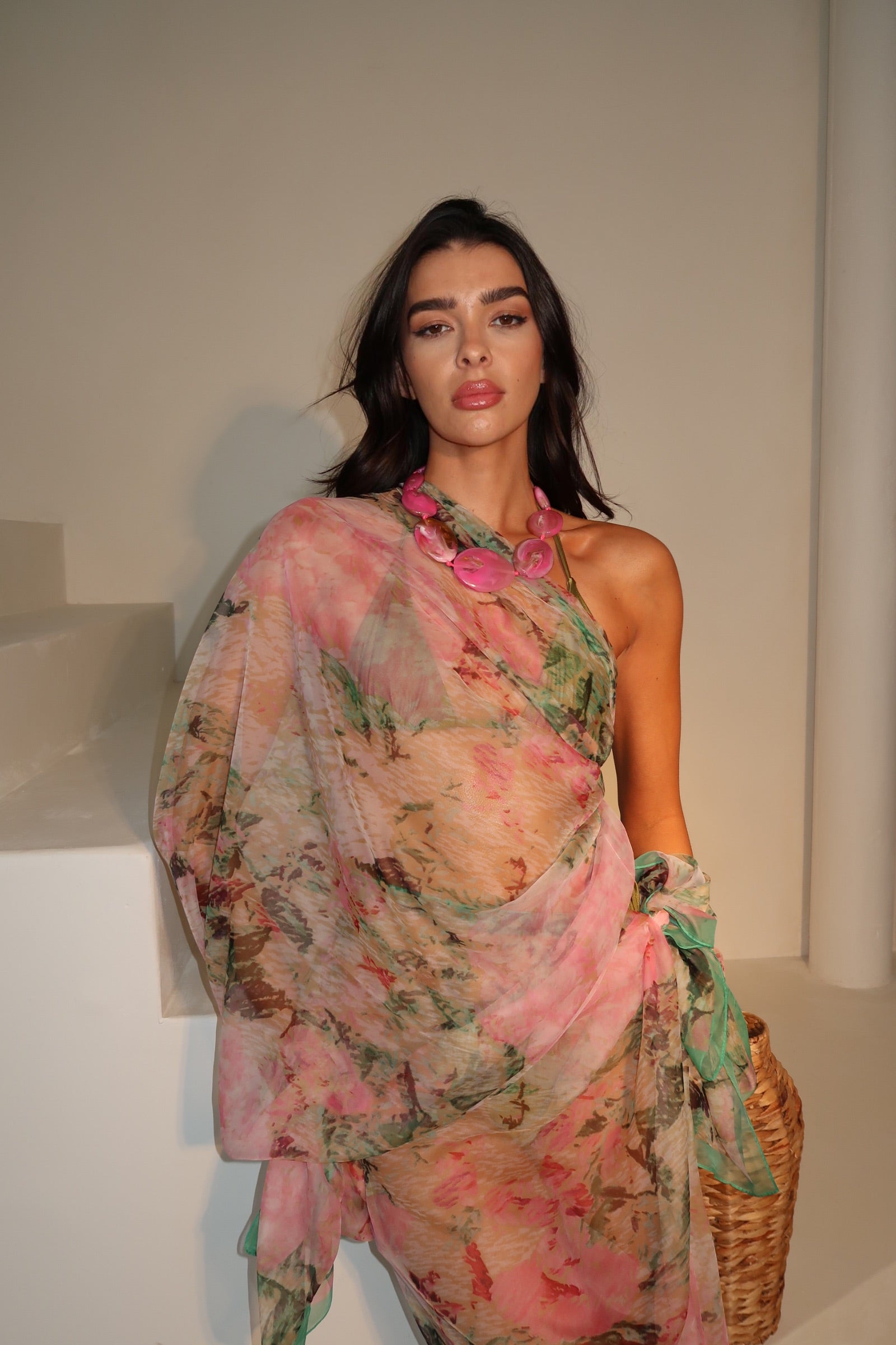 Pink & Green Patterned Printed Chiffon Beach Scarf