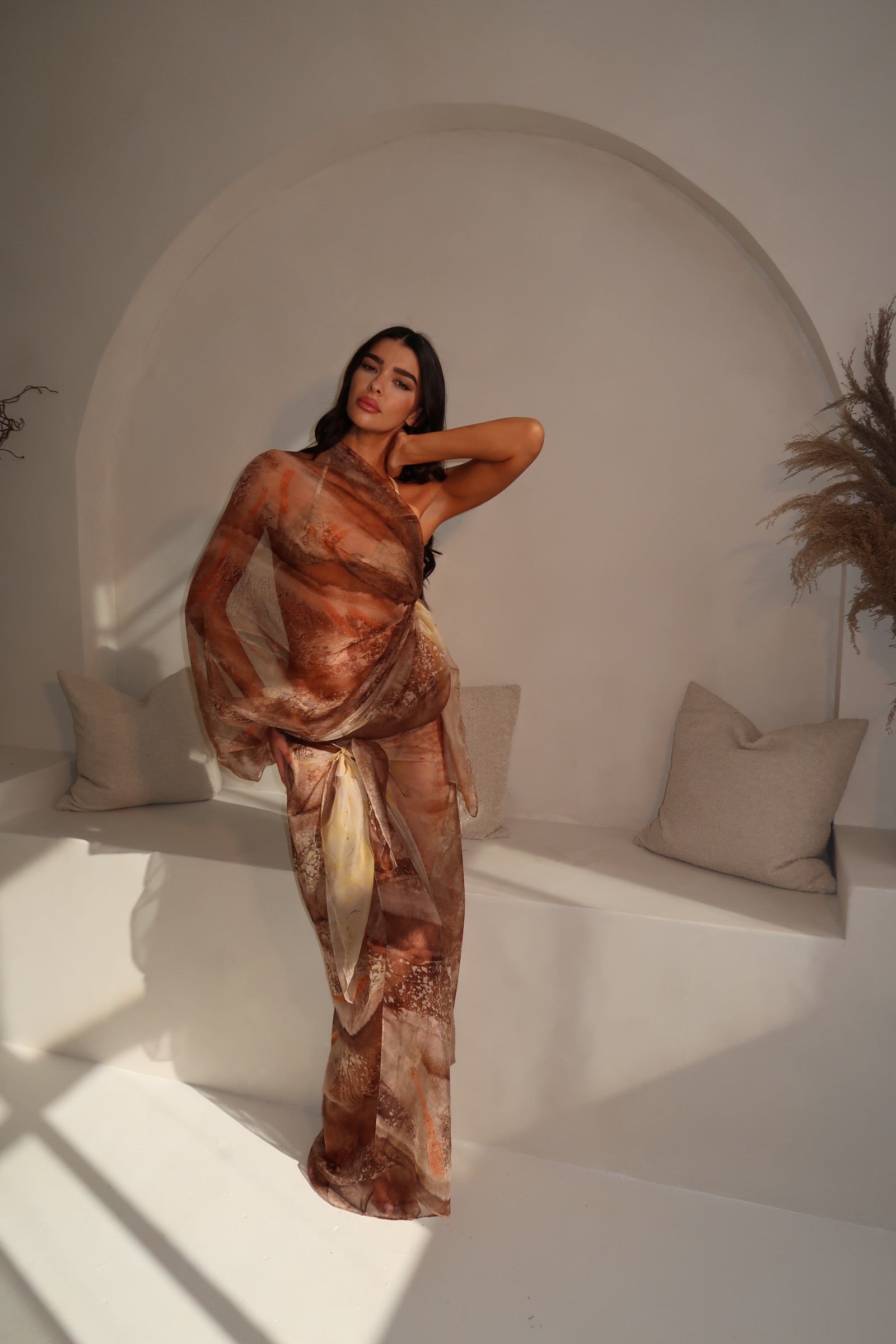 Brown Patterned Printed Chiffon Beach Scarf