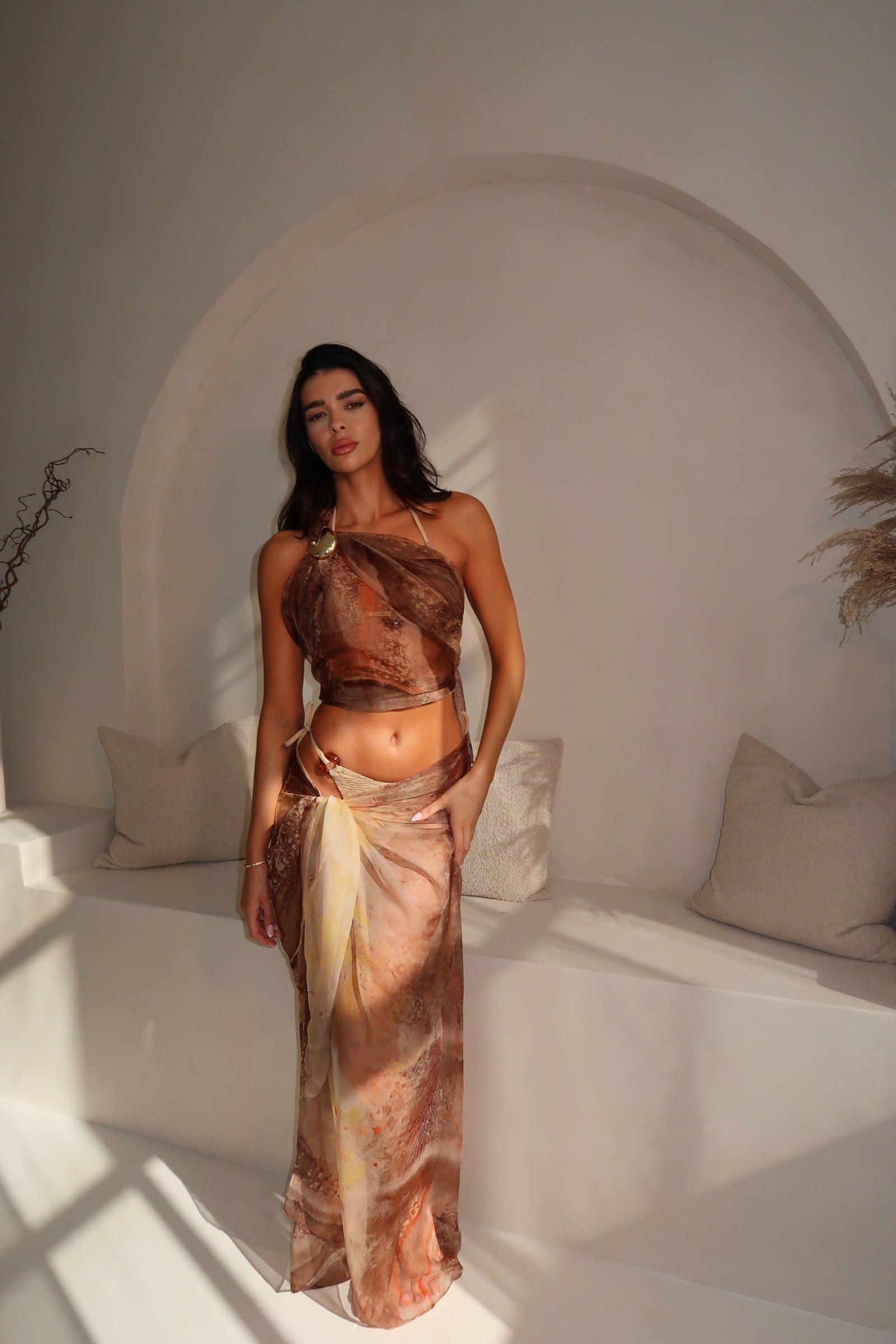 Brown Patterned Printed Chiffon Beach Scarf