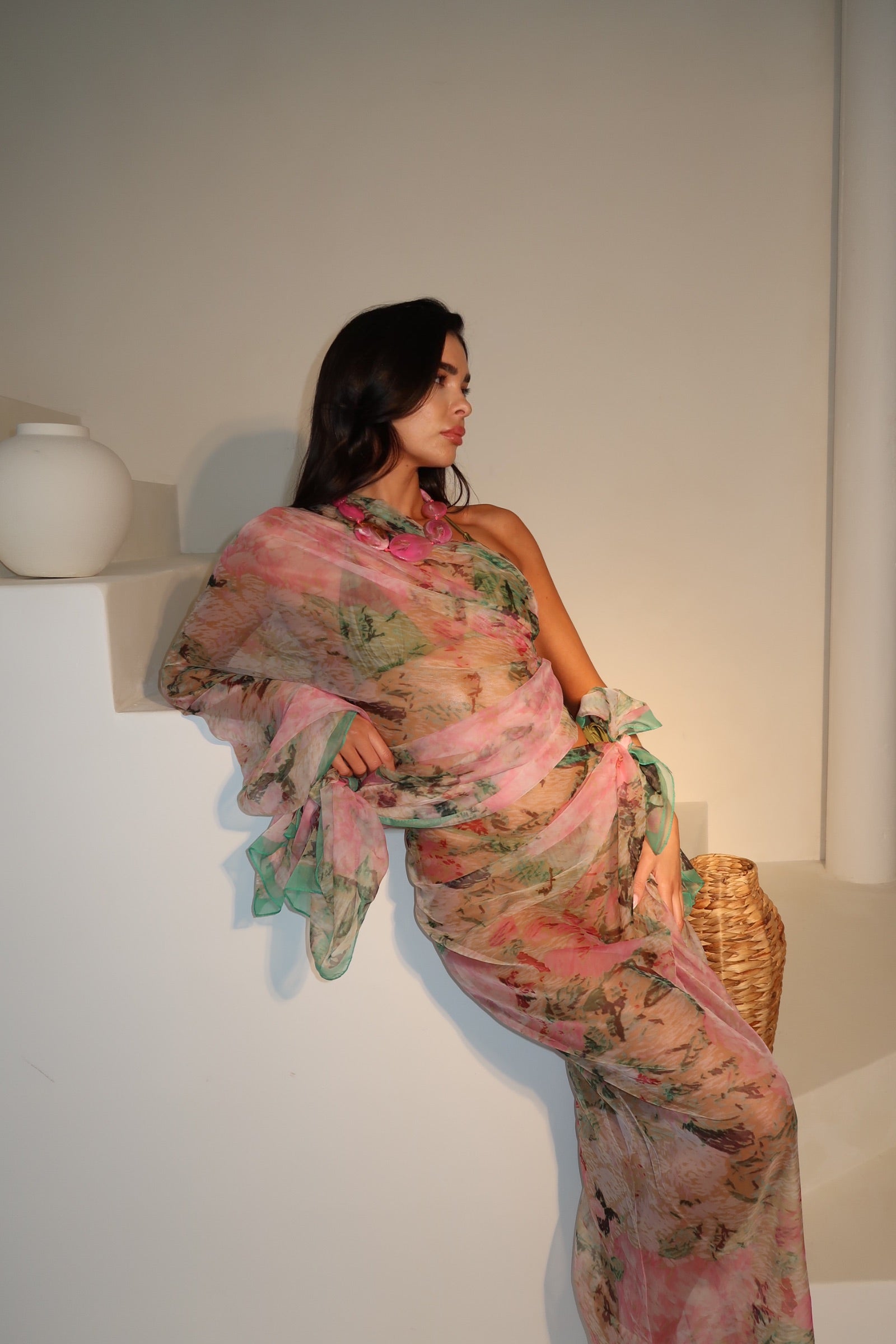 Pink & Green Patterned Printed Chiffon Beach Scarf