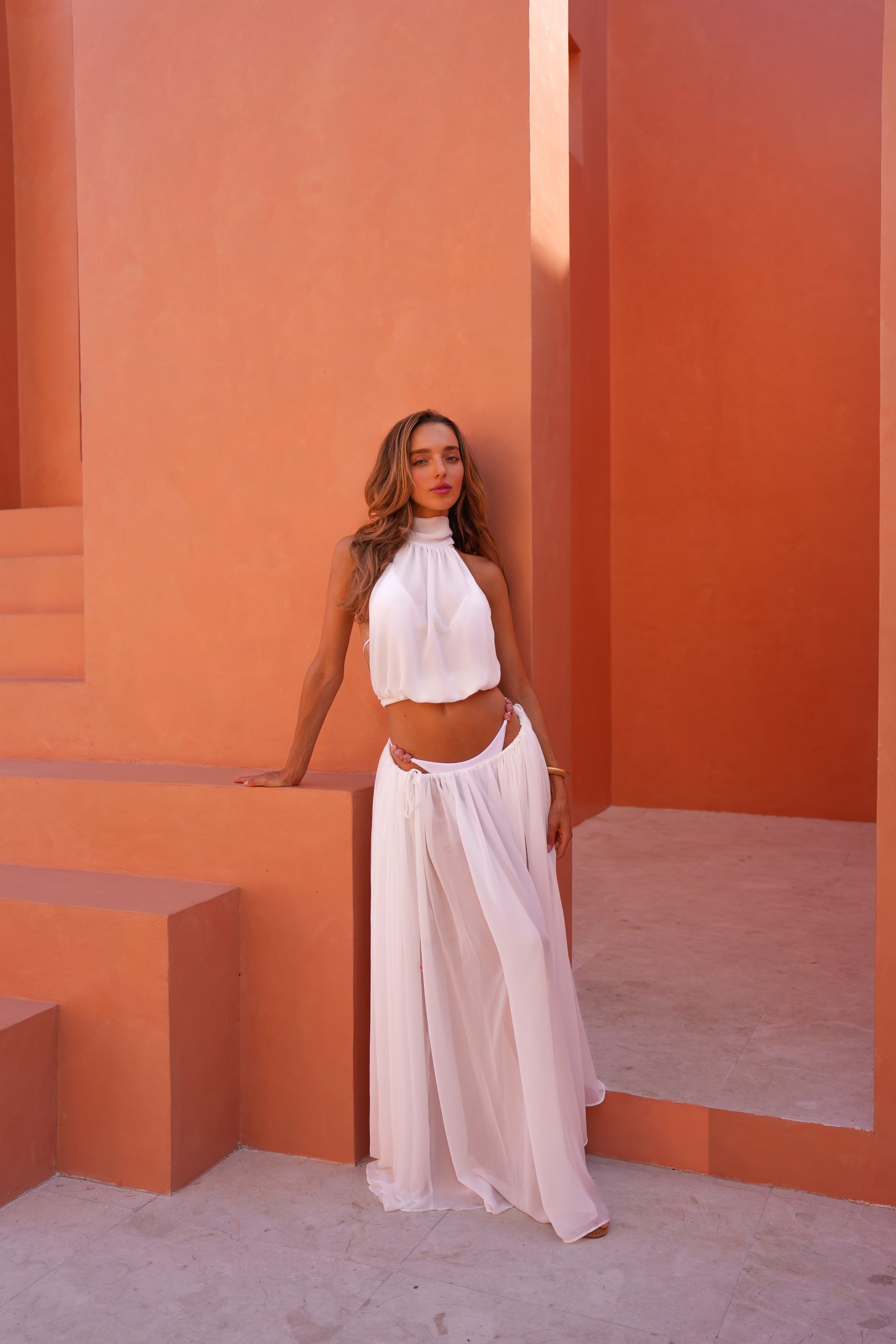 GISELLE WHITE RUCHED BEADED TIE MAXI SKIRT