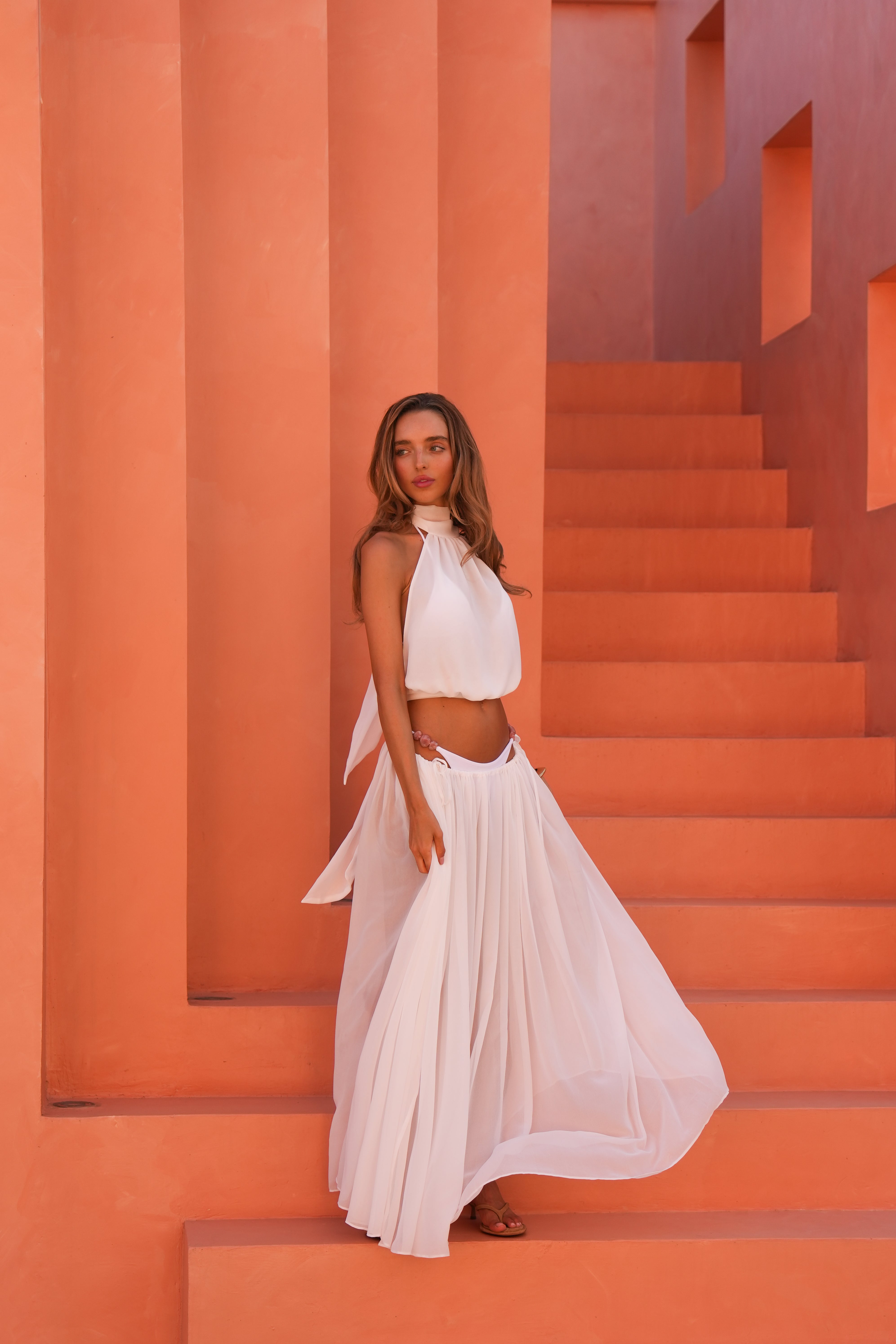 GISELLE WHITE RUCHED BEADED TIE MAXI SKIRT