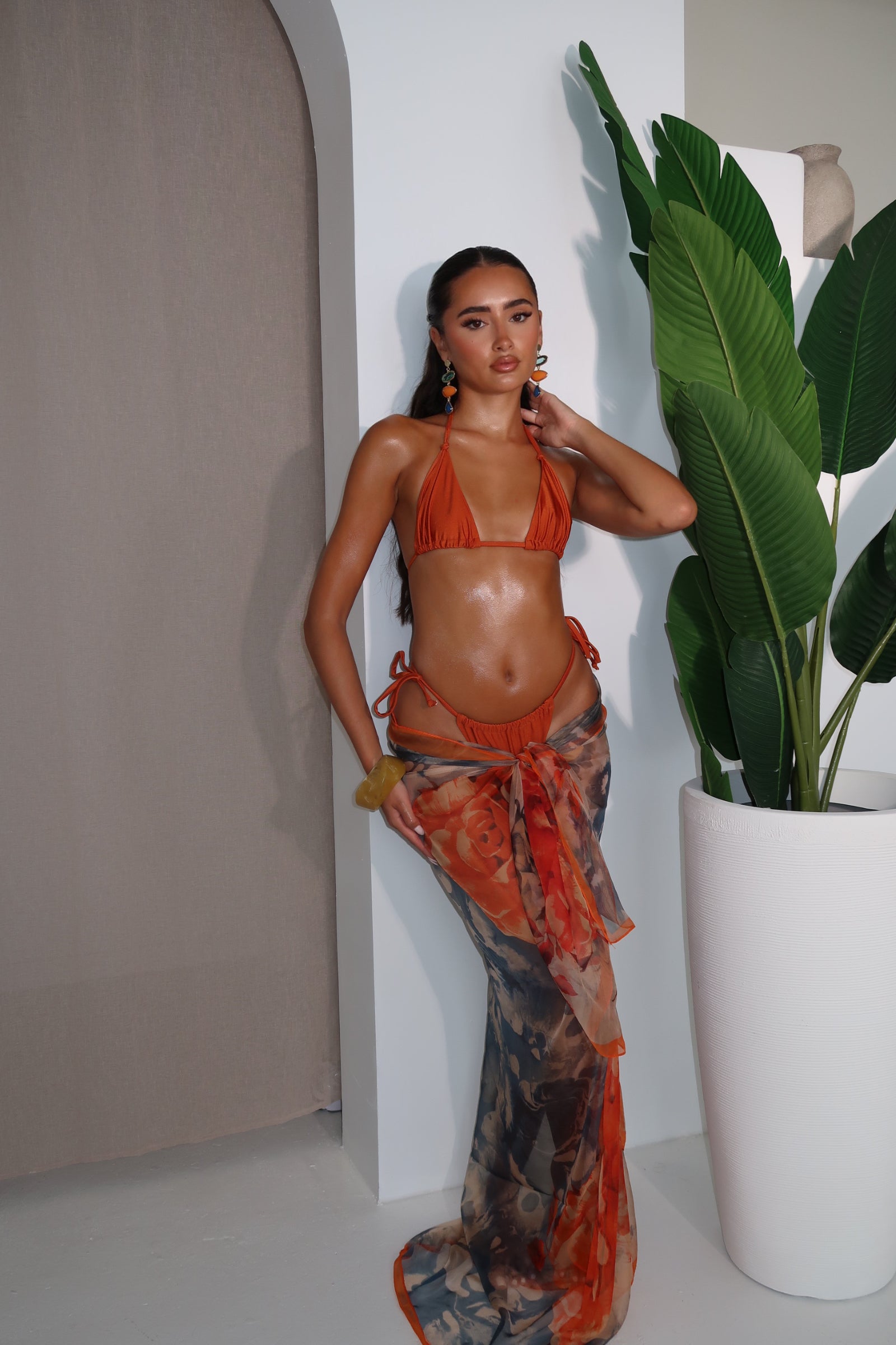 Burnt Orange & Navy Flower Patterned Printed Chiffon Beach Scarf