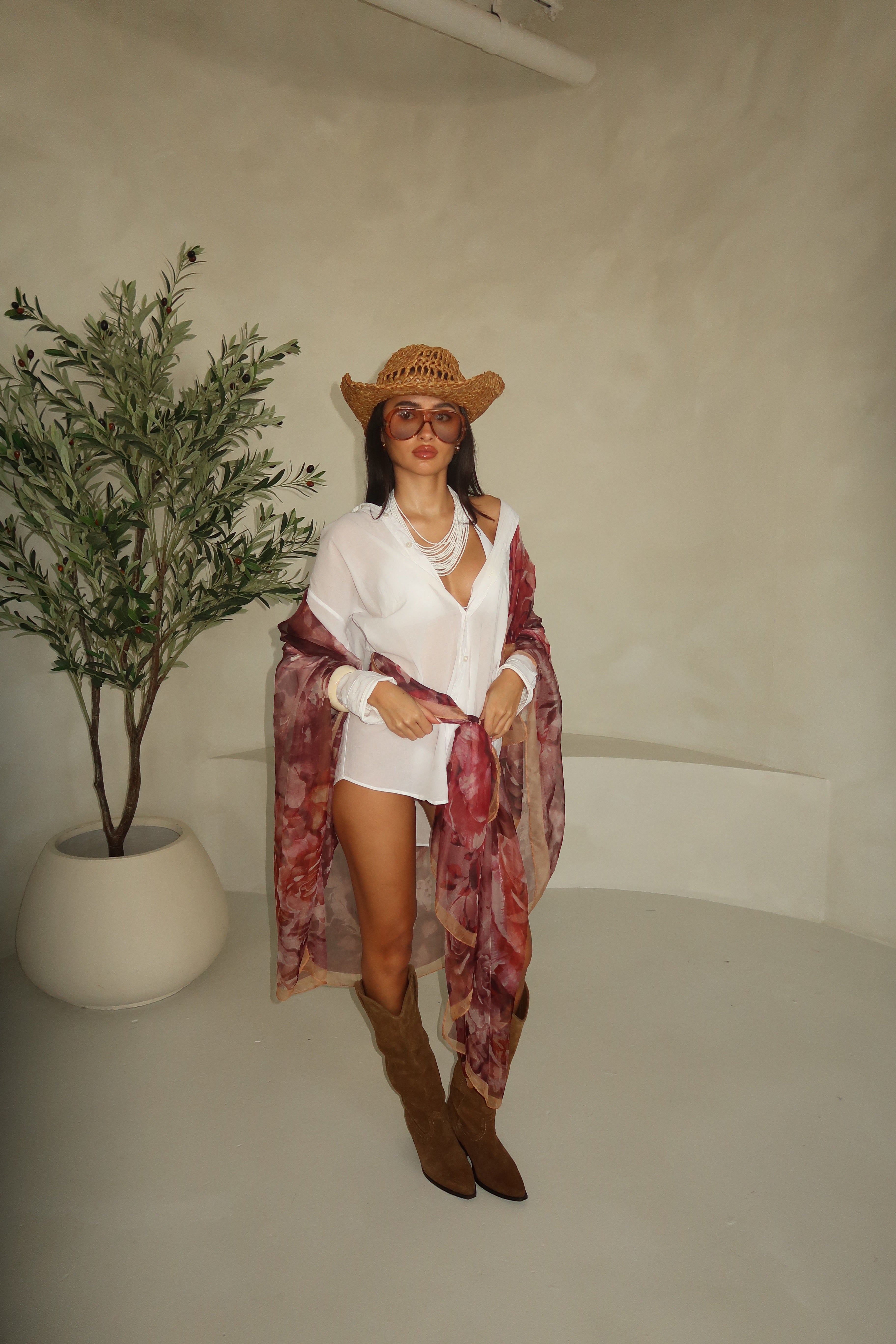 Plum Floral Detail Printed Chiffon Beach Scarf