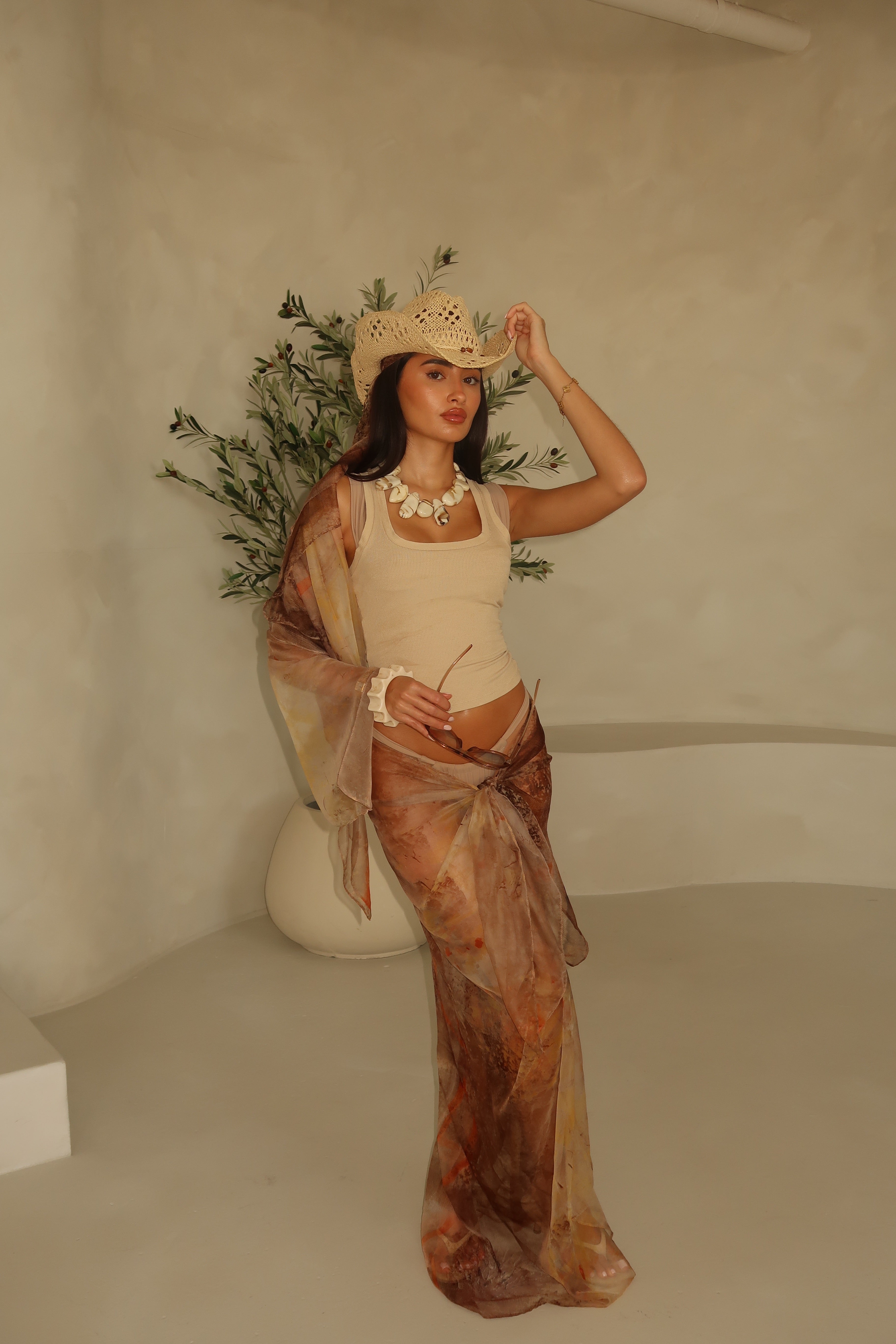 PRE ORDER: Brown Patterned Printed Chiffon Beach Scarf