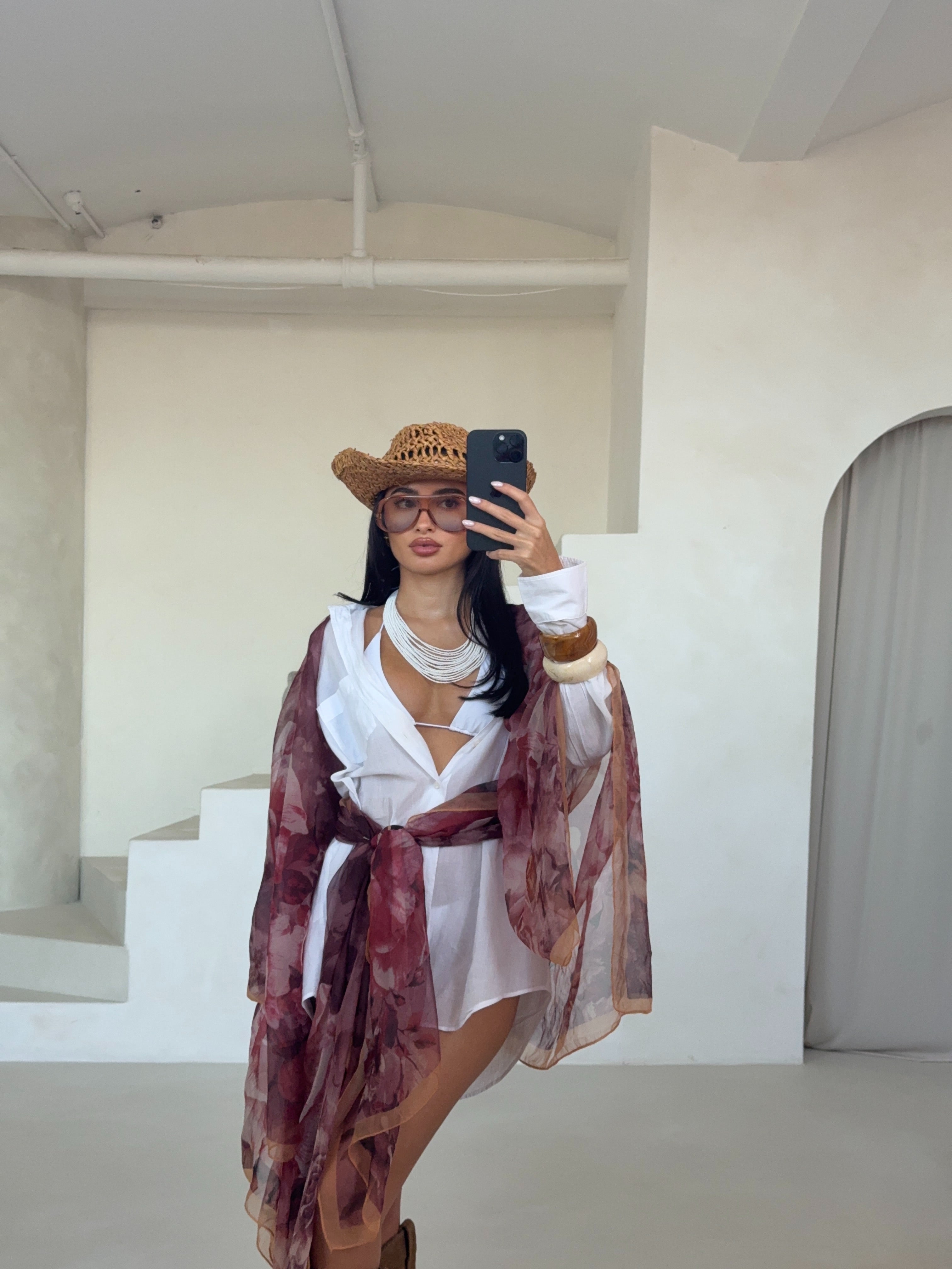 Plum Floral Detail Printed Chiffon Beach Scarf