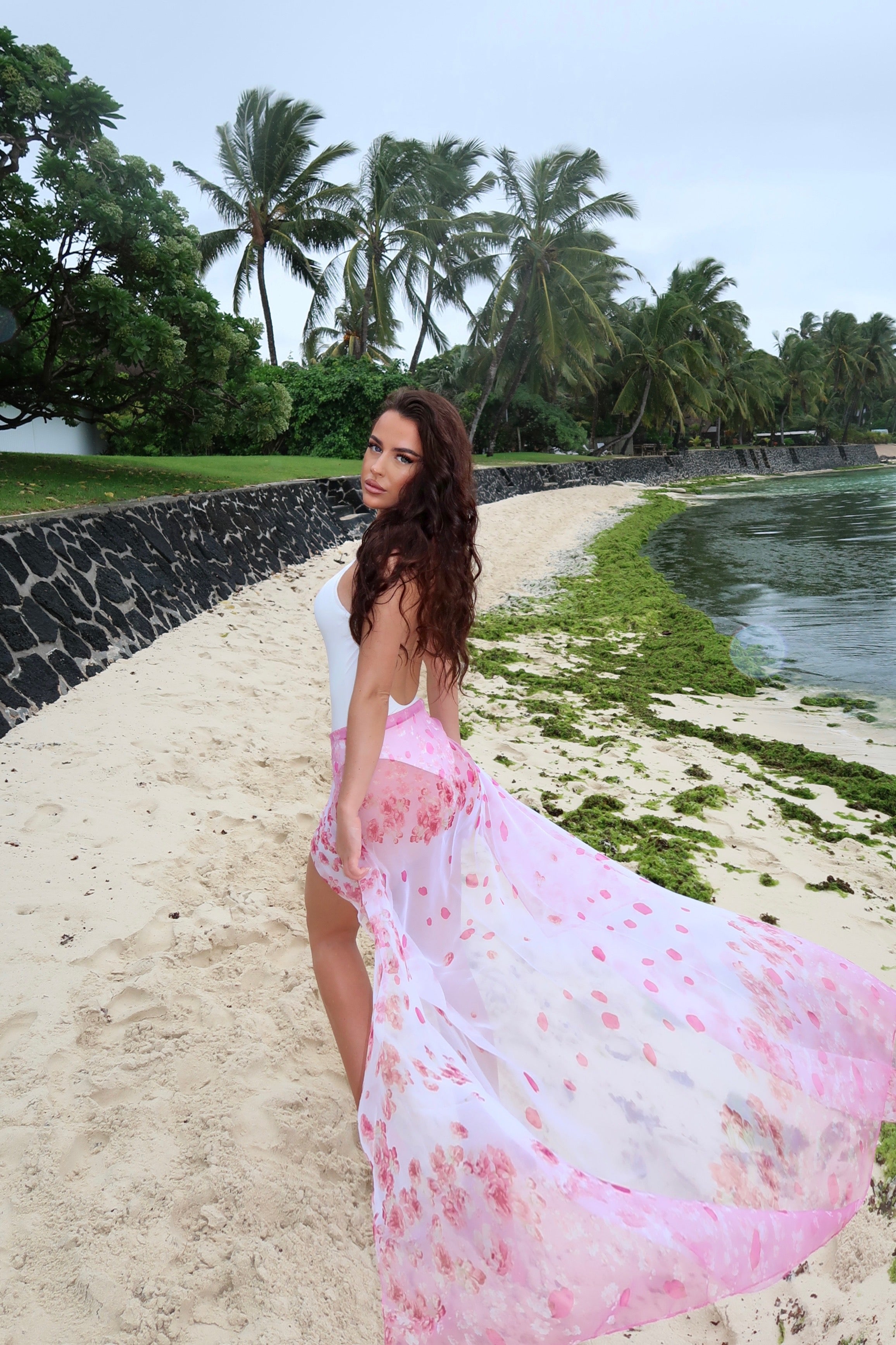 Pink & White Flower Detail Chiffon Beach Scarf