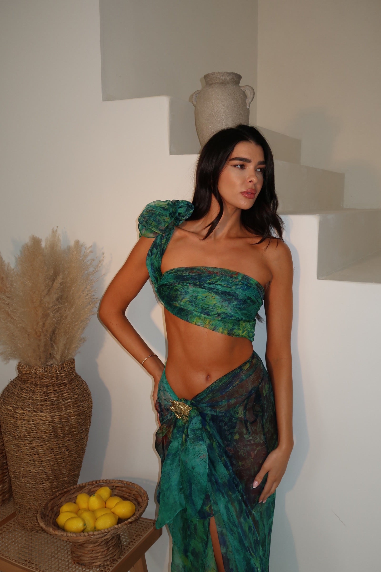 Green Patterned Printed Chiffon Beach Scarf