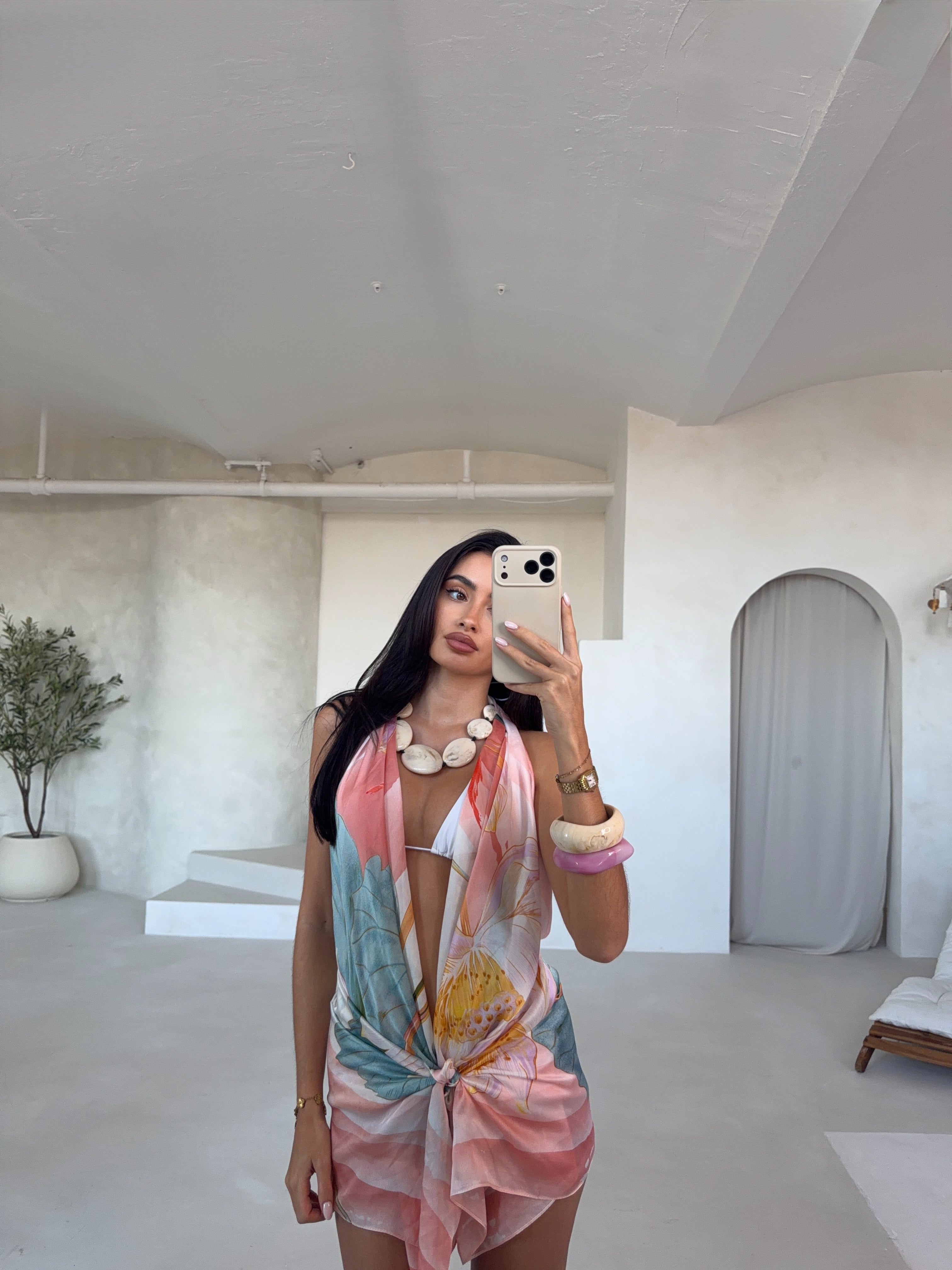 Peach Flower Detail Printed Beach Scarf