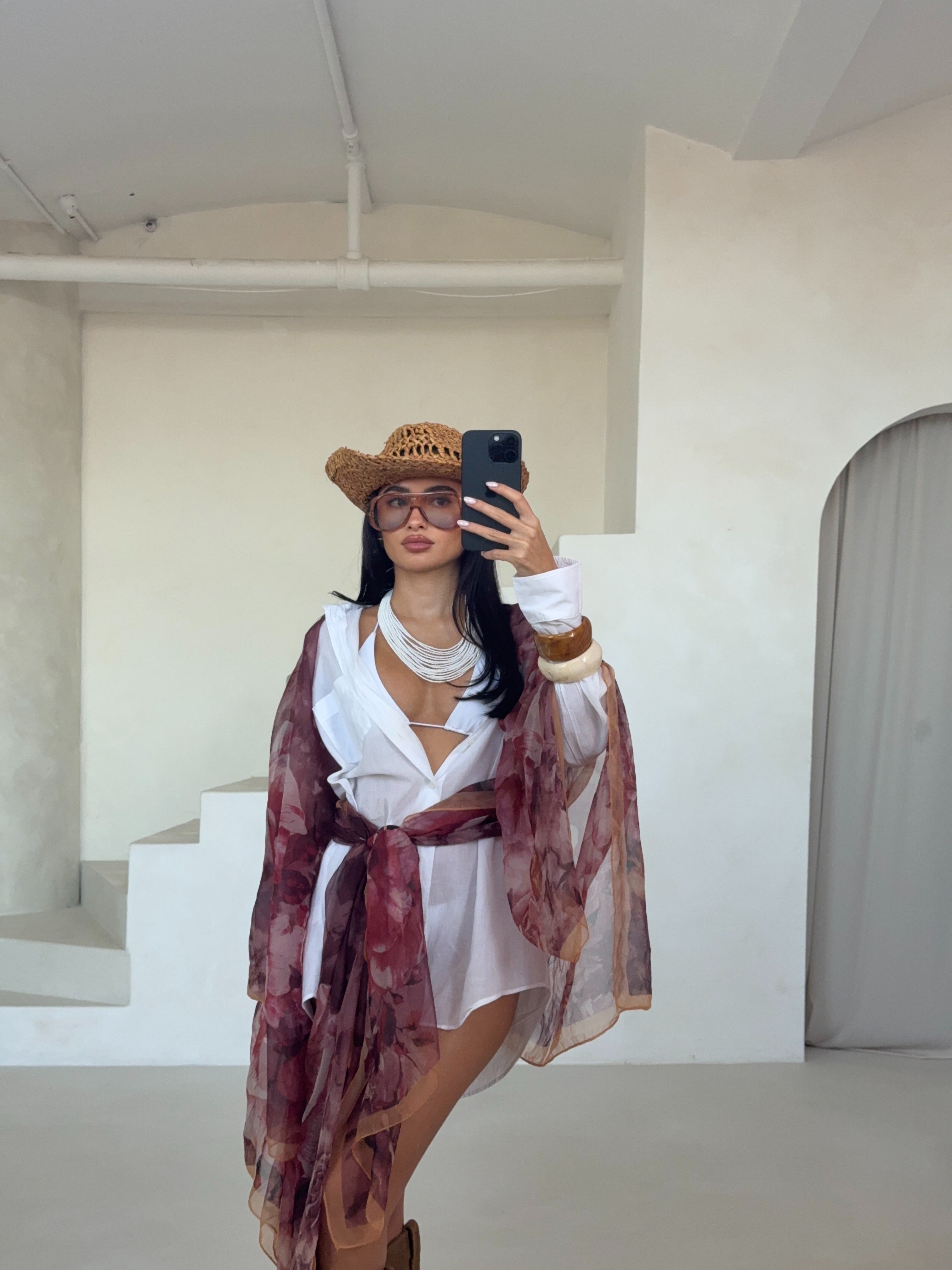 Plum Floral Detail Printed Chiffon Beach Scarf