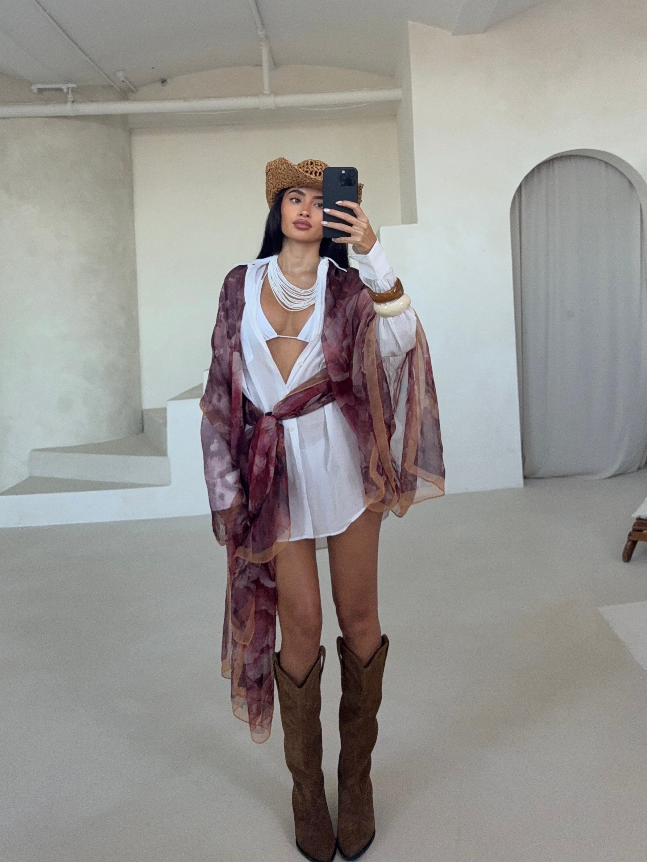 Plum Floral Detail Printed Chiffon Beach Scarf